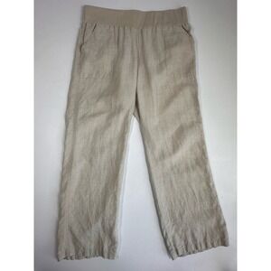 allen allen USA Women's XL Beige Elastic Wasitband Linen Straight Leg Pants (b46
